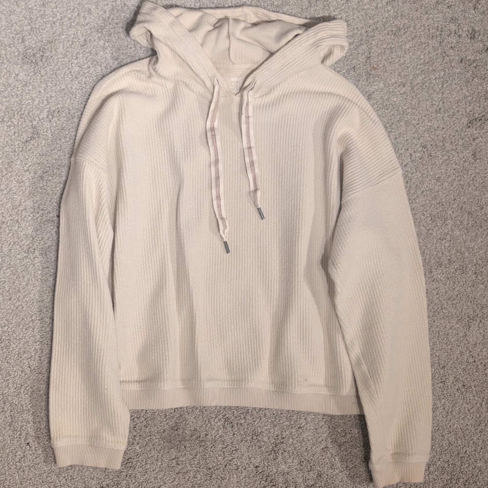 Aerie Ribbed Knit Cropped Hoodie - Cream - Size M
